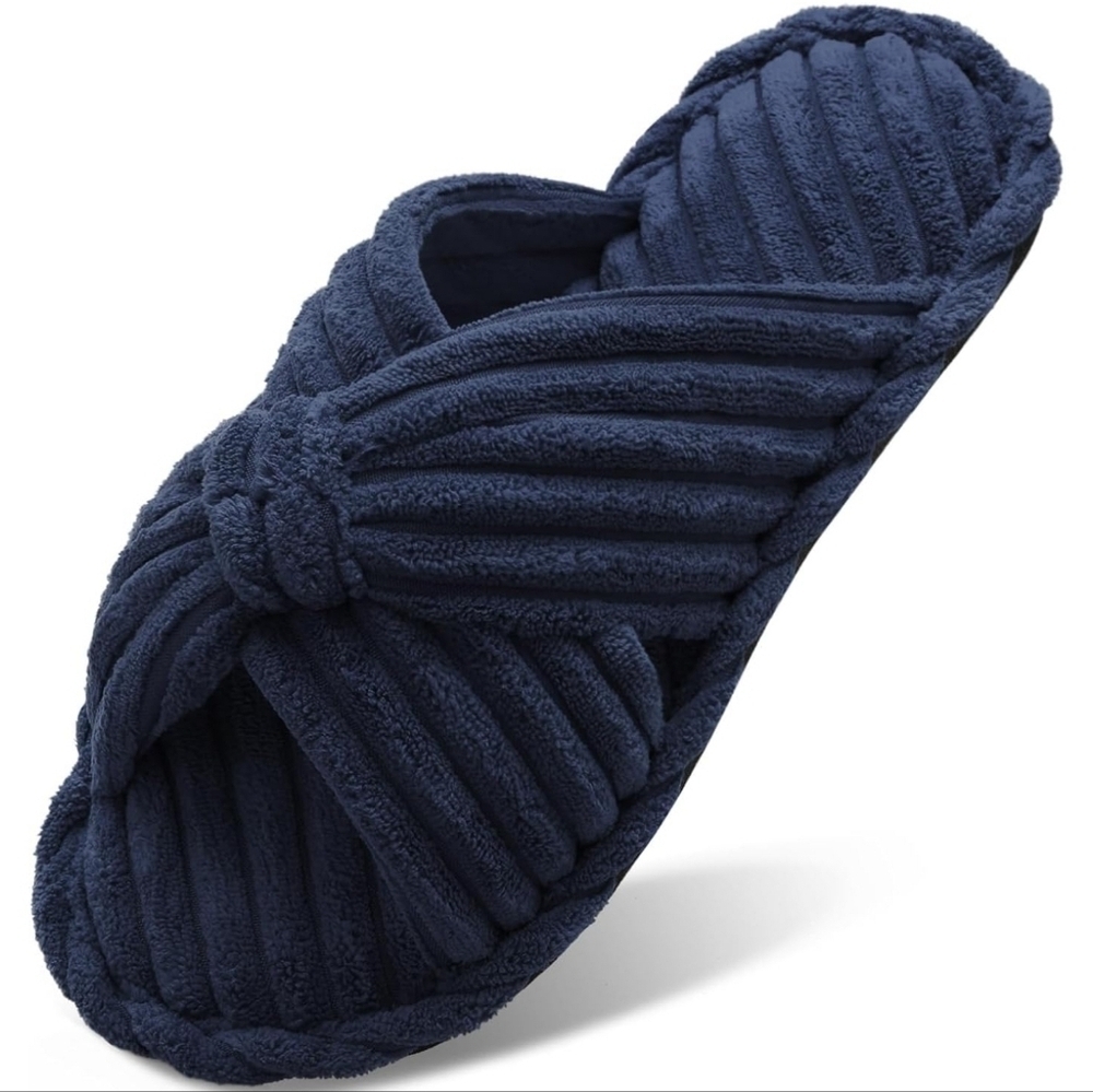Women's Cross Band Bow Slippers Cozy Open Toe House Shoes Corduroy, NAVY, S 6/7